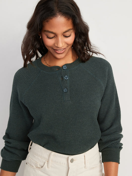 Waffle-Knit Henley Top for Women