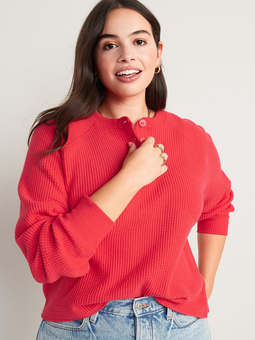 Thermal-Knit Raglan-Sleeve Henley T-Shirt for Women