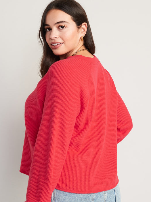 Thermal-Knit Raglan-Sleeve Henley T-Shirt for Women