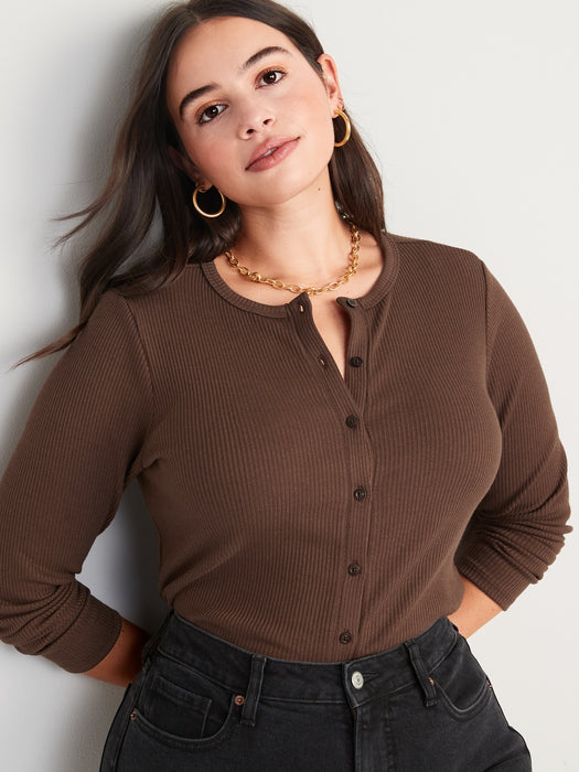 Cropped Rib-Knit Button-Down T-Shirt for Women