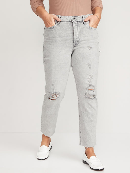 High-Waisted Button-Fly OG Straight Ripped Gray Cut-Off Jeans for Women