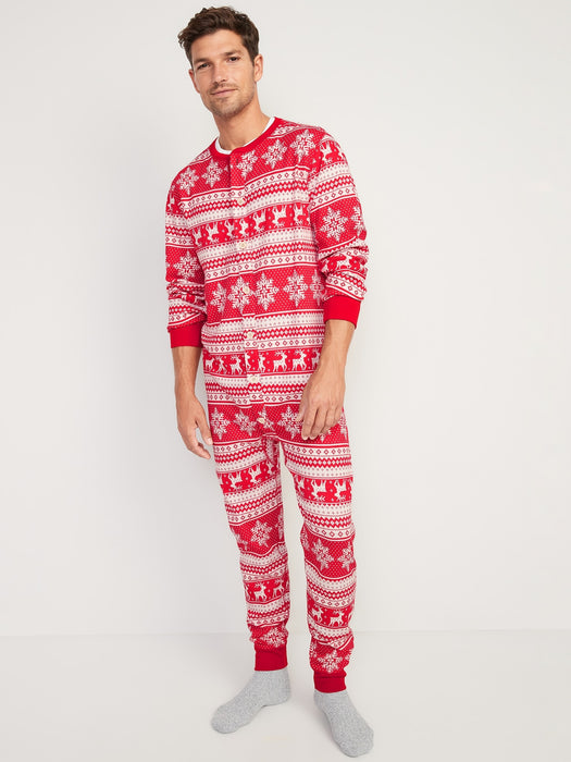 Thermal-Knit Matching Print One-Piece Pajamas for Men