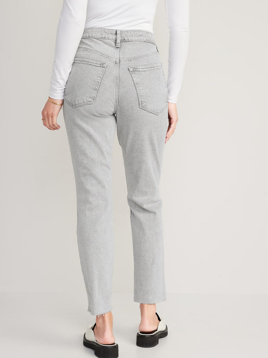 High-Waisted Button-Fly OG Straight Ripped Gray Cut-Off Jeans for Women