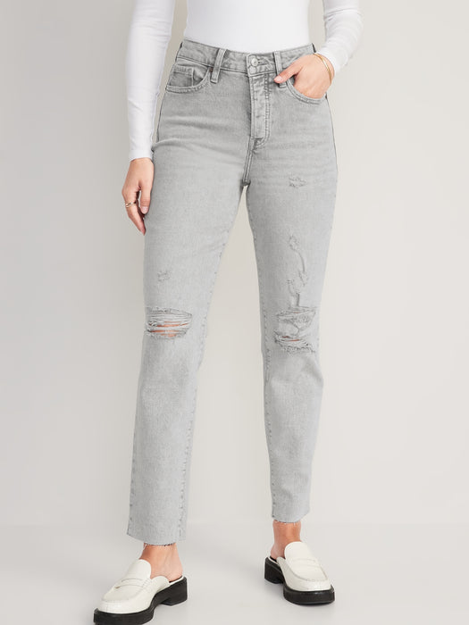 High-Waisted Button-Fly OG Straight Ripped Gray Cut-Off Jeans for Women