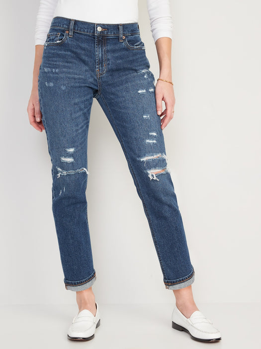 Mid-Rise Boyfriend Straight Ripped Jeans for Women