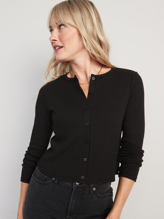 Cropped Rib-Knit Button-Down T-Shirt for Women