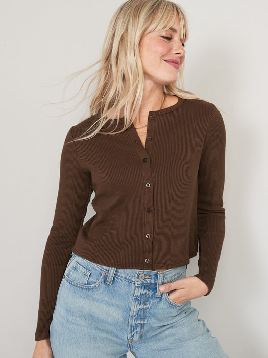 Cropped Rib-Knit Button-Down T-Shirt for Women