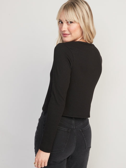 Cropped Rib-Knit Button-Down T-Shirt for Women