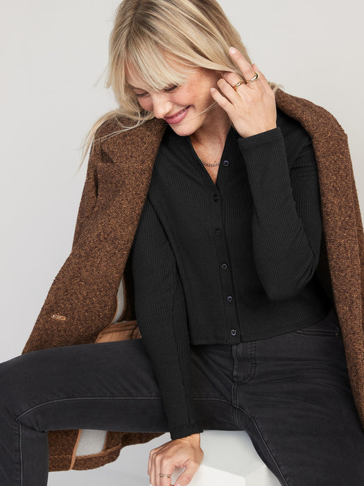 Cropped Rib-Knit Button-Down T-Shirt for Women