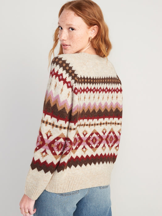Fair Isle Cozy Shaker-Stitch Pullover Sweater for Women