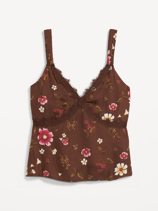 Lace-Trimmed Floral Satin Cami Top for Women