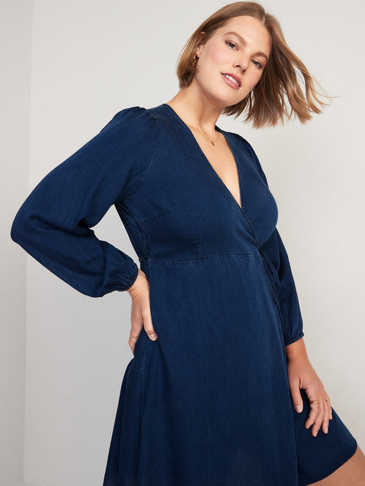 Puff-Sleeve Jean Mini Wrap Dress for Women