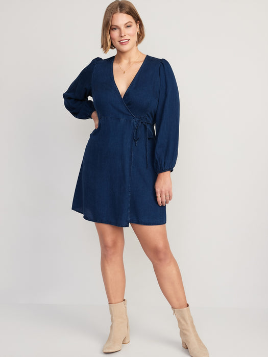 Puff-Sleeve Jean Mini Wrap Dress for Women