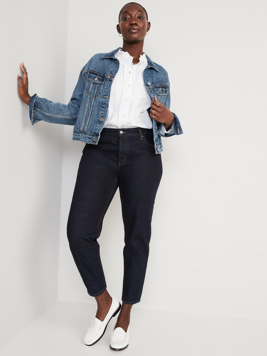 Mid-Rise Button-Fly Slouchy Taper Black Cropped Non-Stretch Jeans for Women