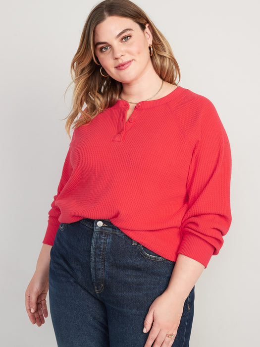 Thermal-Knit Raglan-Sleeve Henley T-Shirt for Women