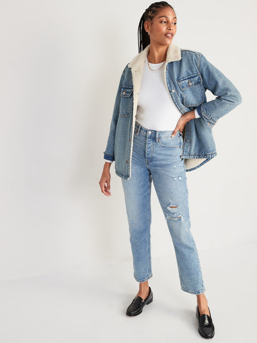Curvy Extra High-Waisted Button-Fly Sky-Hi Straight Ripped Jeans for Women