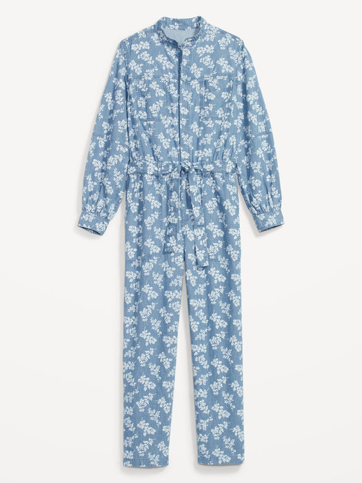 Waist-Defined Floral Utility Non-Stretch Jean Jumpsuit for Women