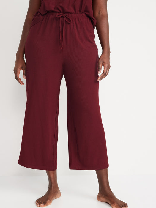 Sunday Sleep High-Waisted Cropped Rib-Knit Wide-Leg Lounge Pants for Women