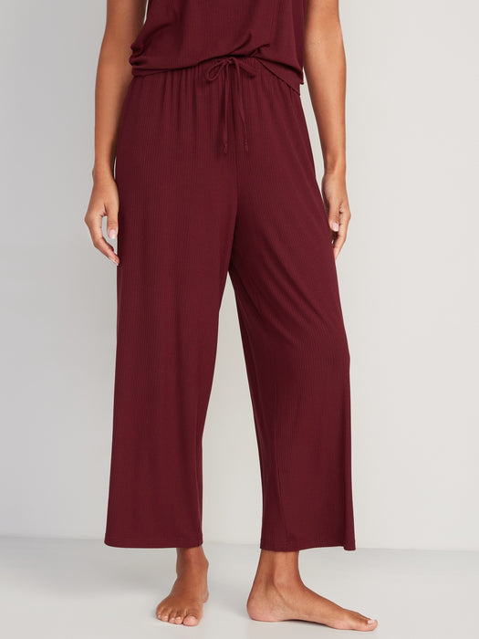 Sunday Sleep High-Waisted Cropped Rib-Knit Wide-Leg Lounge Pants for Women