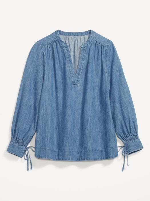 Split-Neck Puff-Sleeve Jean Blouse for Women