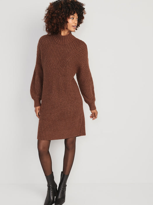 Long-Sleeve Relaxed Mock-Neck Mini Sweater Shift Dress for Women