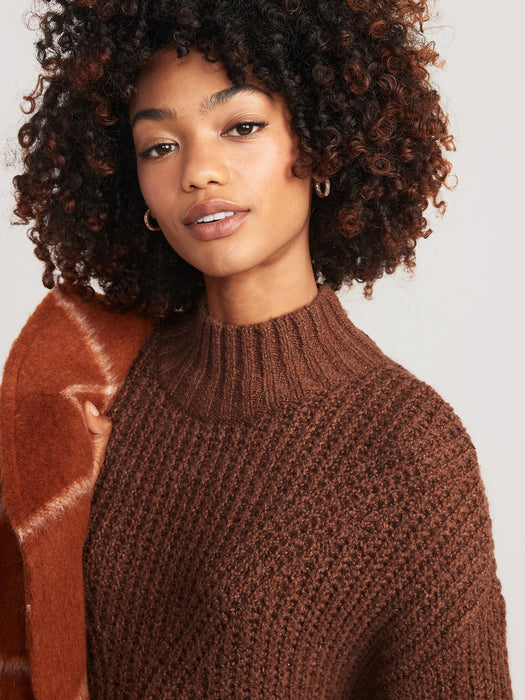 Long-Sleeve Relaxed Mock-Neck Mini Sweater Shift Dress for Women