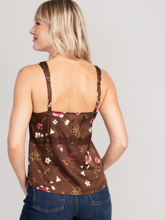 Lace-Trimmed Floral Satin Cami Top for Women