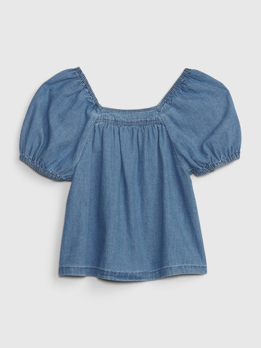 Toddler Puff Sleeve Denim Top with Washwell