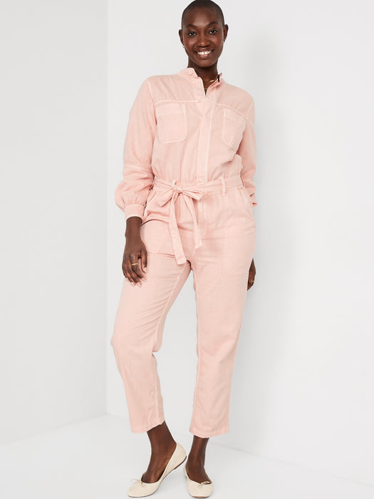 Collarless Tie-Belt Utility Jumpsuit for Women