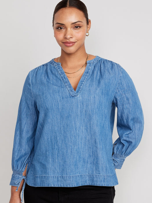 Split-Neck Puff-Sleeve Jean Blouse for Women