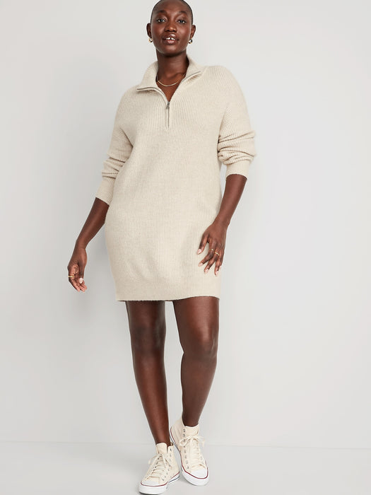 Mock-Neck Quarter-Zip Mini Sweater Shift Dress for Women