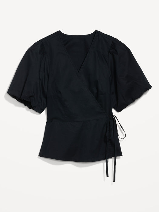 Waist-Defined Puff-Sleeve Tie-Wrap Blouse for Women