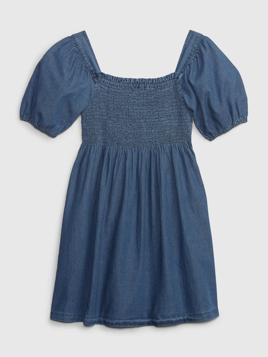 Kids Smocked Puff Sleeve Denim Dress with Washwell