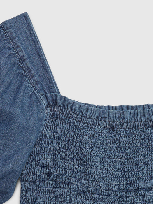 Kids Smocked Puff Sleeve Denim Dress with Washwell