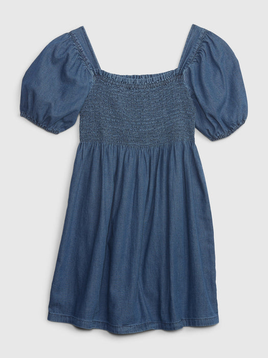 Kids Smocked Puff Sleeve Denim Dress with Washwell