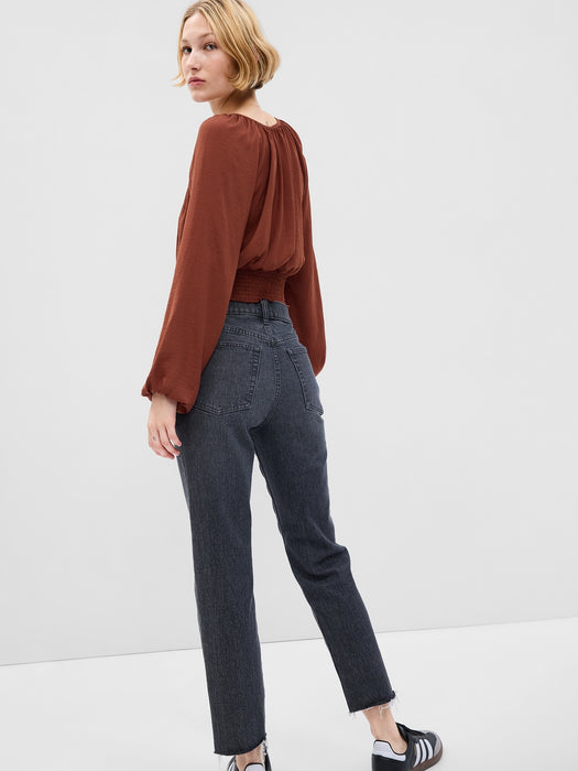 Button-Front Smocked Hem Top