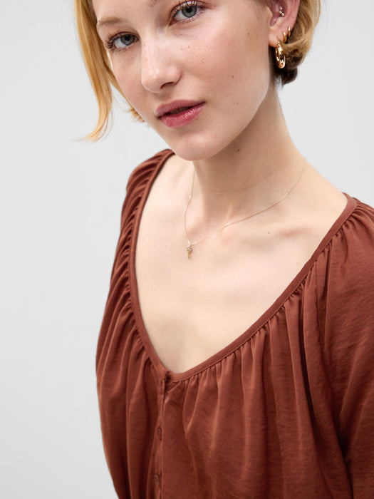 Button-Front Smocked Hem Top