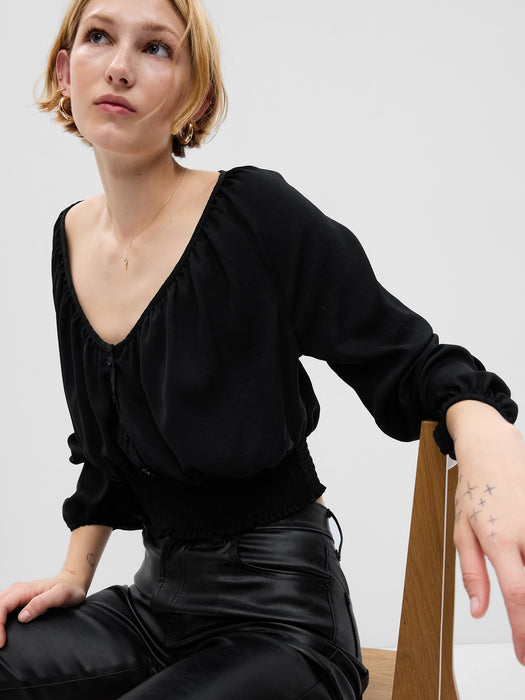 Button-Front Smocked Hem Top