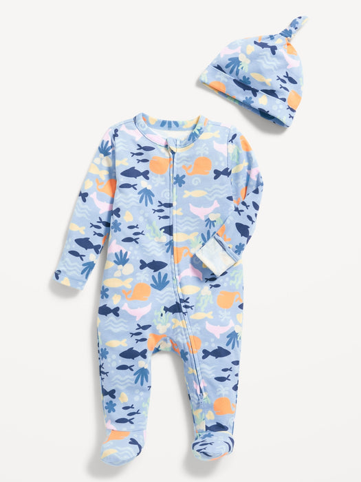 Unisex Printed Sleep & Play 2-Way-Zip Footed One-Piece and Beanie Set for Baby