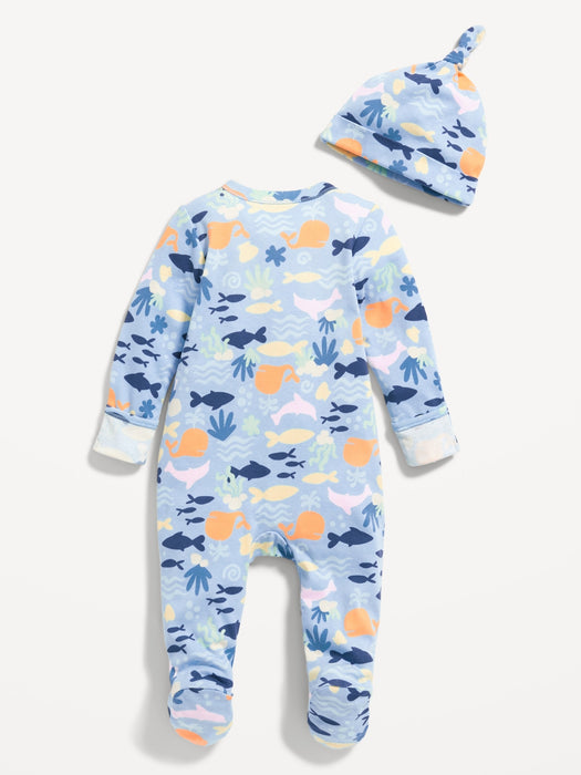 Unisex Printed Sleep & Play 2-Way-Zip Footed One-Piece and Beanie Set for Baby