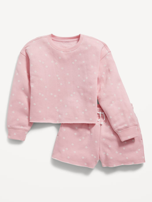 Printed Crew-Neck Sweatshirt & Shorts Set for Girls