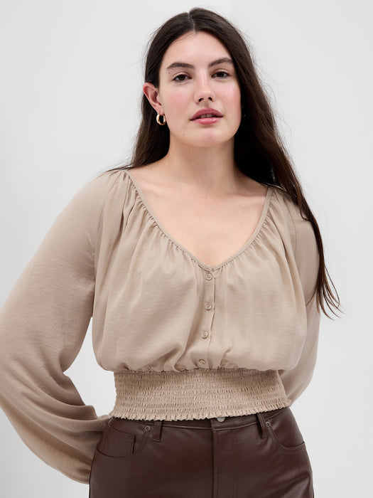 Button-Front Smocked Hem Top