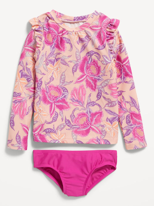 Long-Sleeve Ruffle-Trim Rashguard & Bikini Swim Set for Toddler & Baby