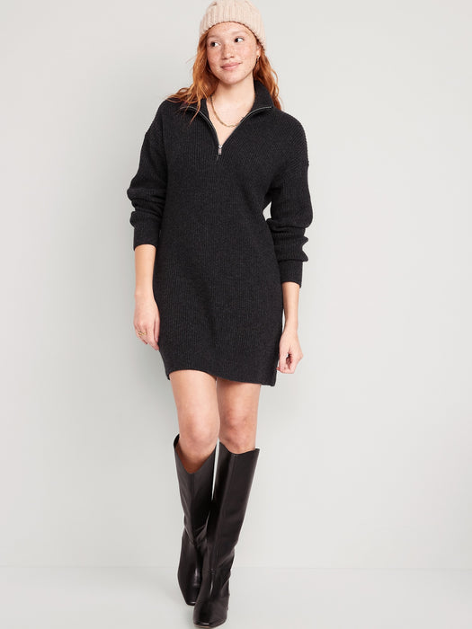 Mock-Neck Quarter-Zip Mini Sweater Shift Dress for Women