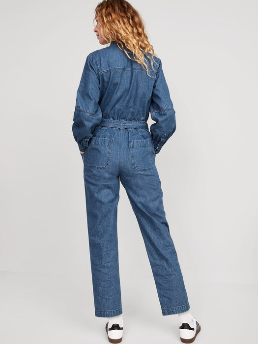 Collarless Jean Utility Jumpsuit for Women