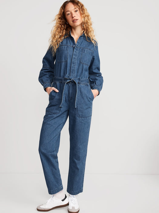 Collarless Jean Utility Jumpsuit for Women