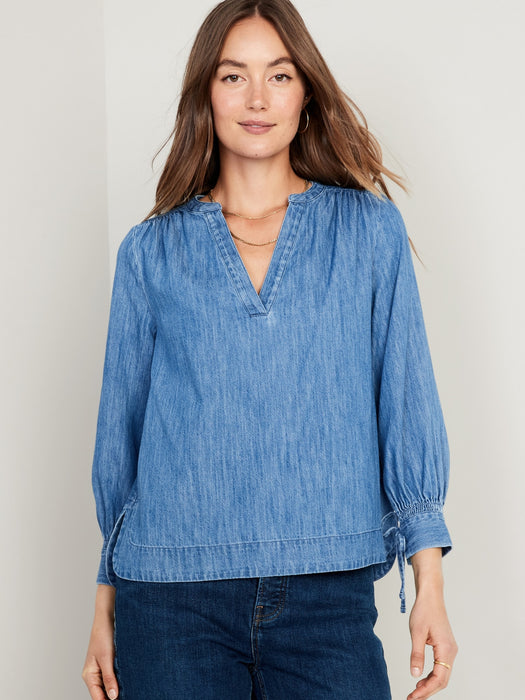 Split-Neck Puff-Sleeve Jean Blouse for Women