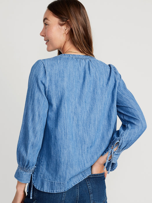 Split-Neck Puff-Sleeve Jean Blouse for Women
