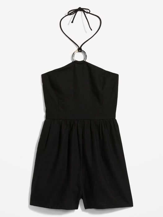 Linen-Blend O-Ring Halter Romper for Women -- 3-inch inseam