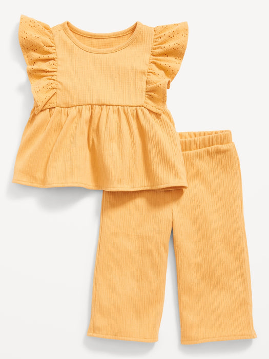 Sleeveless Ruffle & Eyelet-Trim Top & Wide-Leg Pants Set for Baby